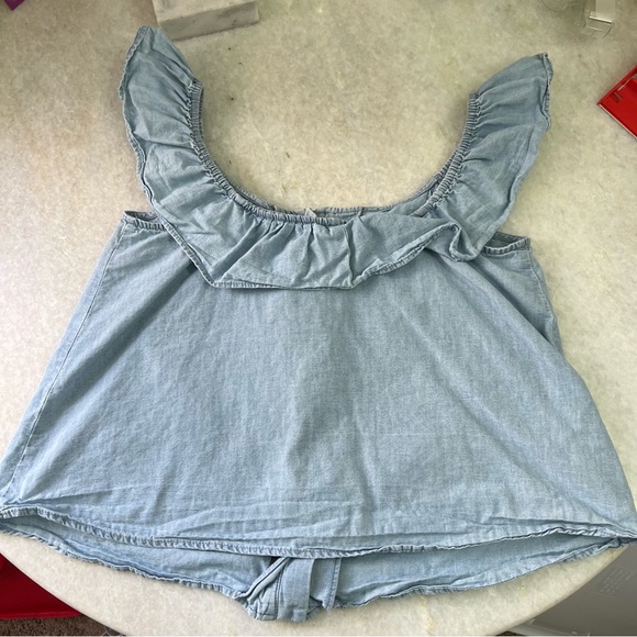 Mango Denim Pearl Ruffle Button Down Coquette Off the Shoulder Tank Top Size XS - Picture 5 of 7